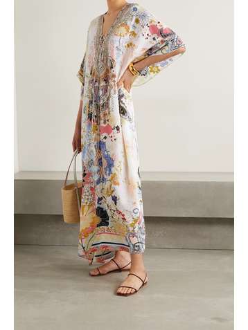CAMILLA Lace-up crystal-embellished printed silk crepe de chine kaftan