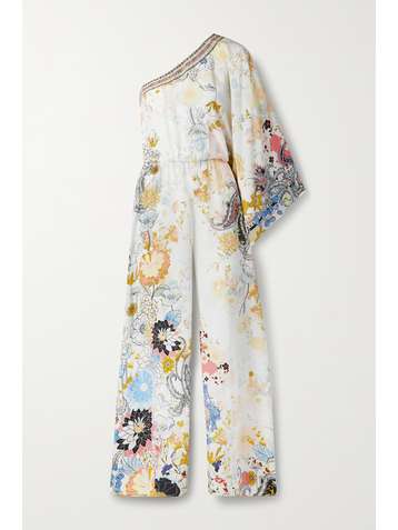 CAMILLA One-sleeve embellished floral-print silk crepe de chine jumpsuit