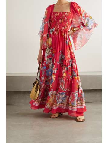 CAMILLA Shirred tiered printed silk-georgette maxi dress