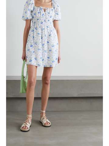 FAITHFULL THE BRAND + NET SUSTAIN Nikoleta tie-detailed shirred floral-print linen mini dress