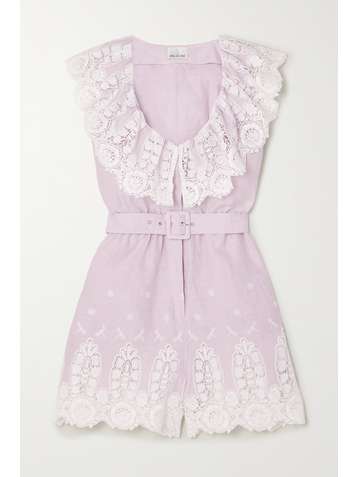 MIGUELINA Charli belted crocheted cotton and linen playsuit