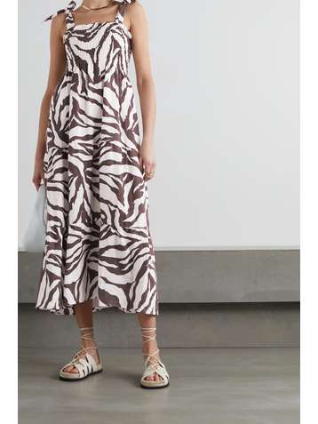 FAITHFULL THE BRAND + NET SUSTAIN Rianne tie-detailed tiered zebra-print linen midi dress