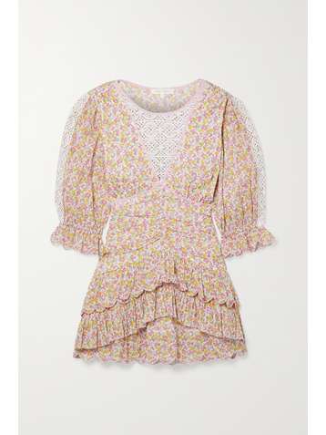 LOVESHACKFANCY Marquise crochet-trimmed tiered floral-print cotton-voile mini dress