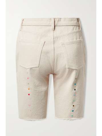 STILL HERE Technicolor Jeansshorts aus recyceltem Denim mit Fransen und Stickerei