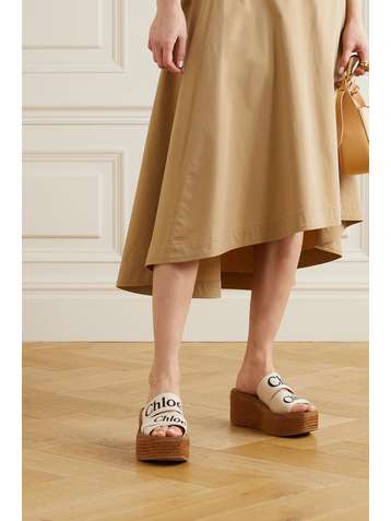 CHLOÉ Woody logo-print canvas espadrille platform slides