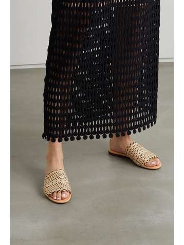 ALAÏA Eyelet-embellished laser-cut raffia and leather slides
