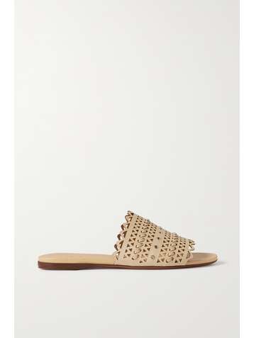 ALAÏA Eyelet-embellished laser-cut raffia and leather slides
