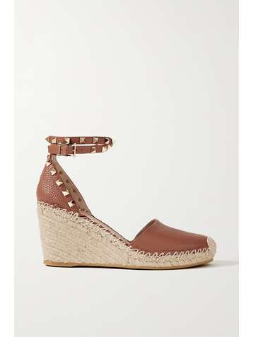 VALENTINO Valentino Garavani Rockstud 85 textured-leather wedge espadrilles