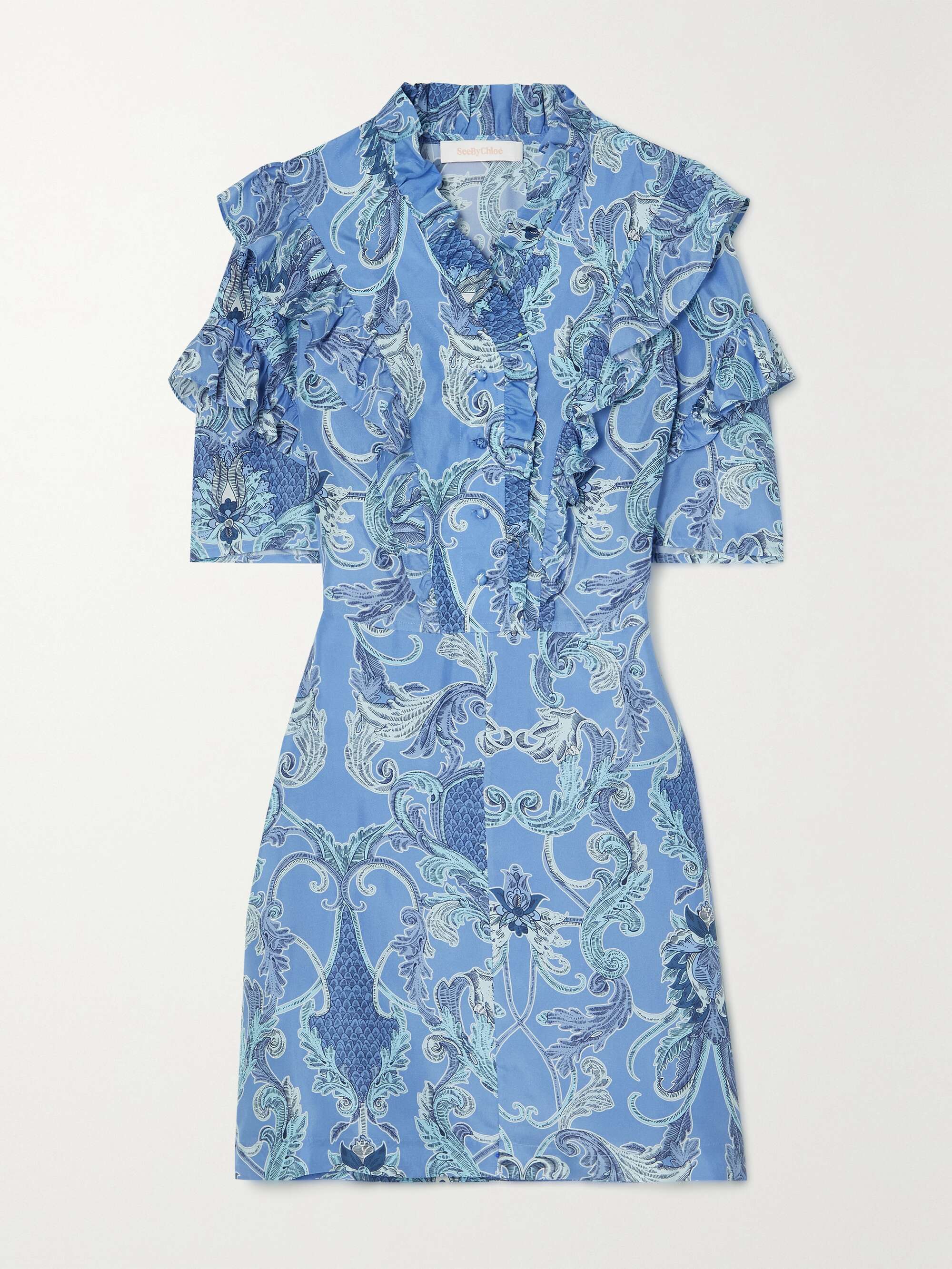 Blue Ruffled printed silk mini dress 