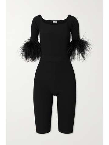 SAINT LAURENT Feather-trimmed stretch-knit playsuit