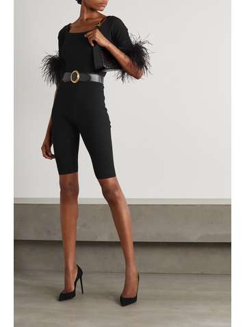 SAINT LAURENT Feather-trimmed stretch-knit playsuit