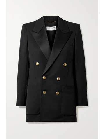 SAINT LAURENT Blazer à double boutonnage en laine grain de poudre et en satin