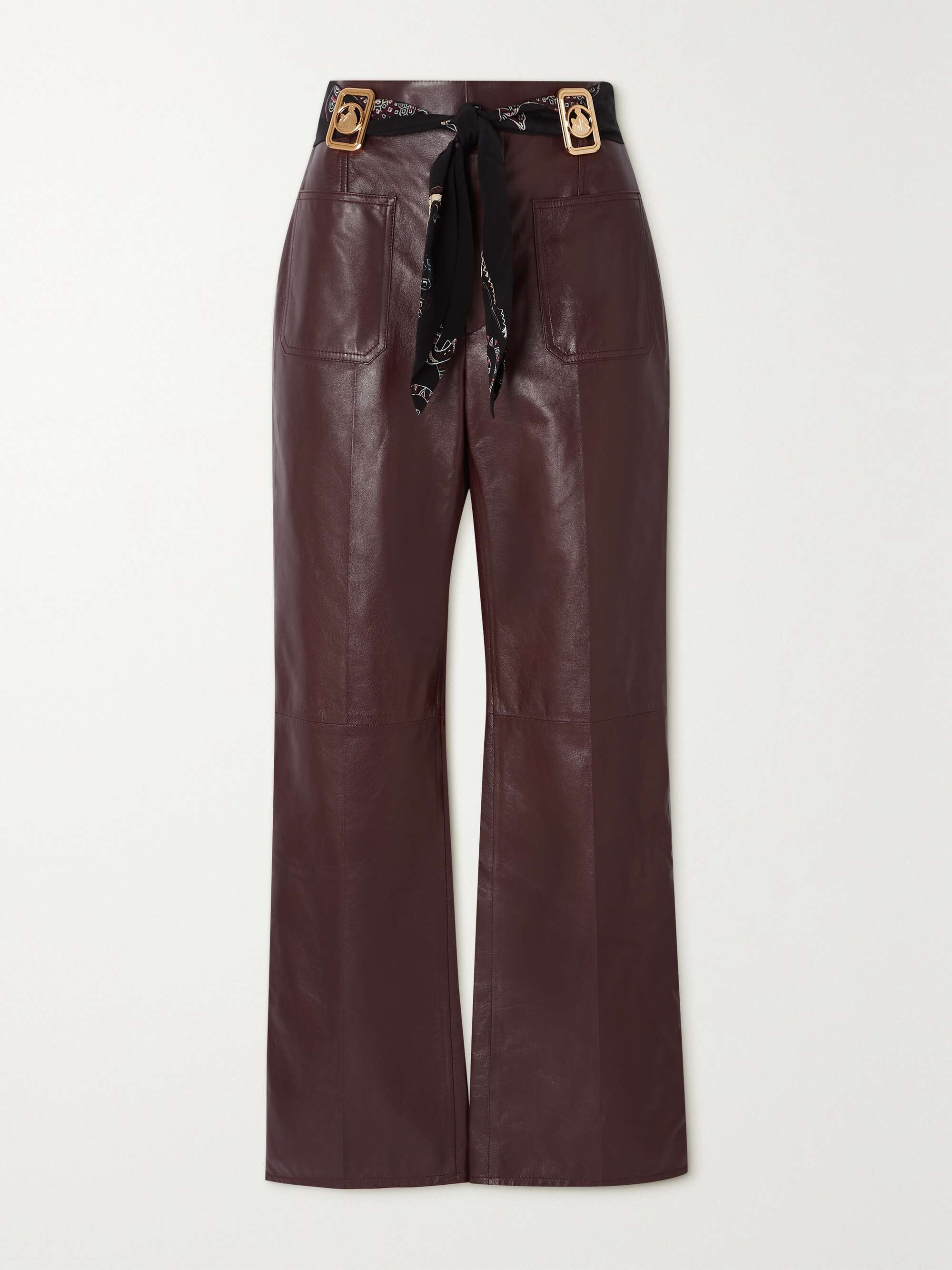 Brown Belted leather flared pants 