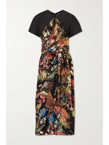 LANVIN Midikleid aus Seidensatin mit Blumenprint und Wickeleffekt