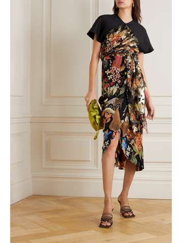 LANVIN Midikleid aus Seidensatin mit Blumenprint und Wickeleffekt