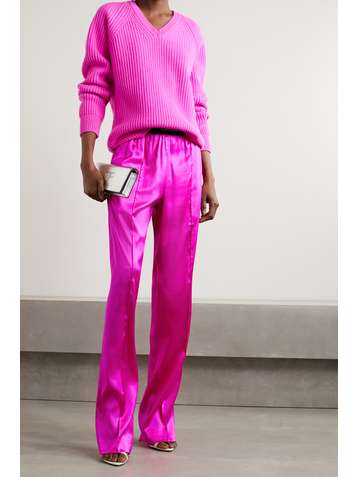 TOM FORD Velvet-trimmed stretch-silk satin pants