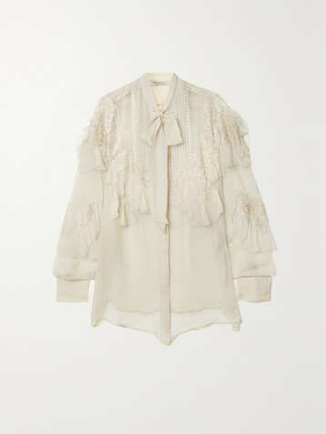 VALENTINO Ruffled lace-trimmed silk-chiffon blouse