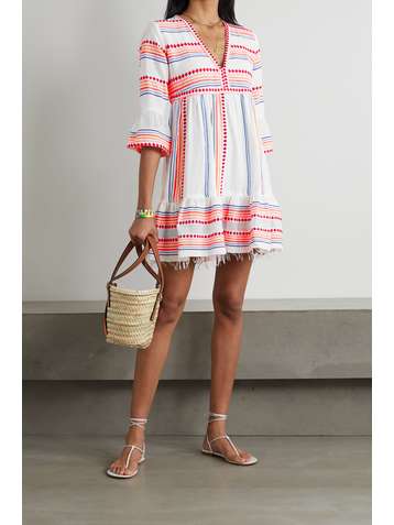 LEMLEM + NET SUSTAIN Hiwot frayed embroidered cotton-blend gauze mini dress