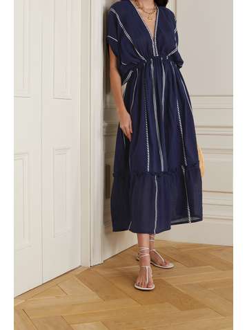 LEMLEM + NET SUSTAIN Nunu Midikleid aus bestickter Baumwollgaze mit Raffungen