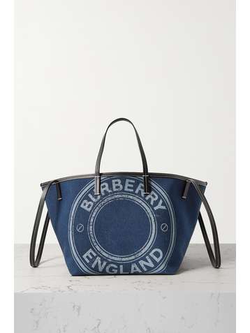 BURBERRY Beach mini leather-trimmed printed denim tote