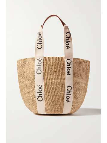 CHLOÉ + NET SUSTAIN Woody large printed canvas and leather-trimmed raffia basket bag