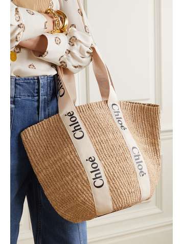 CHLOÉ + NET SUSTAIN Woody large printed canvas and leather-trimmed raffia basket bag