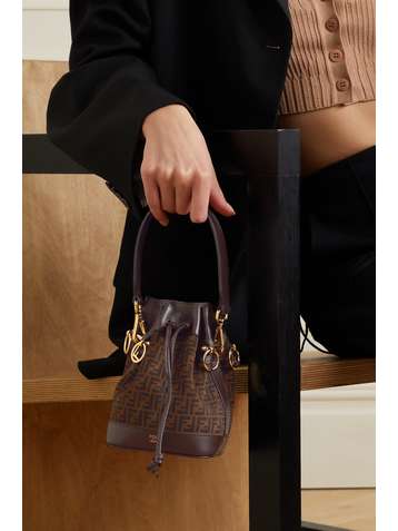 FENDI Mon Trésor mini leather-trimmed printed suede bucket bag