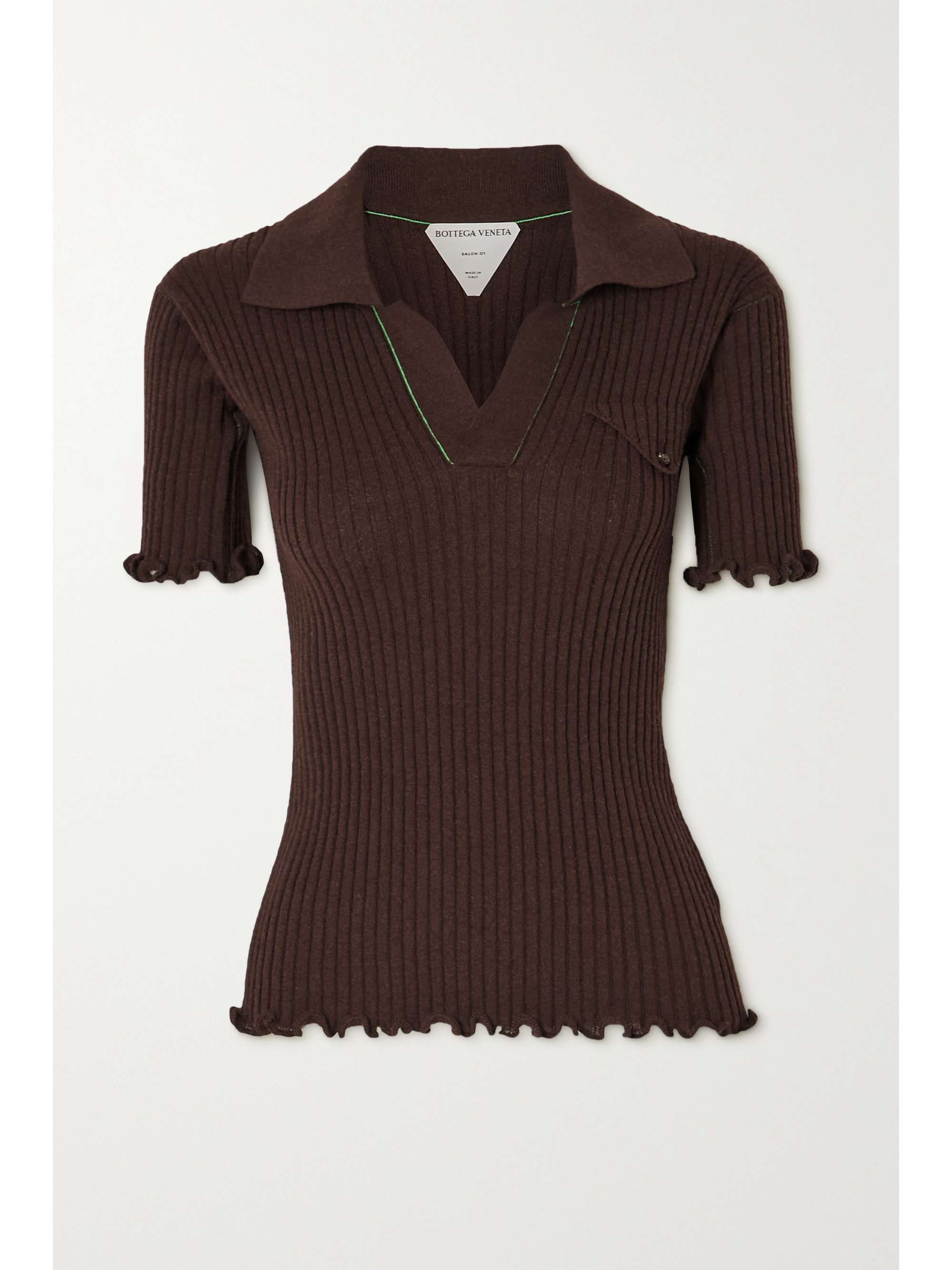Brown Ruffled ribbed wool polo shirt 