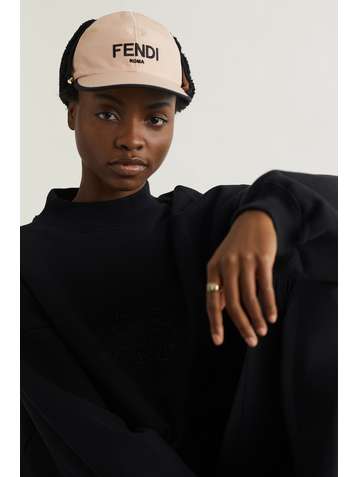 FENDI Shearling-trimmed embroidered shell baseball cap