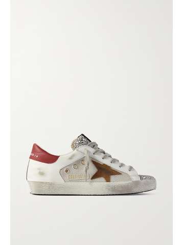 GOLDEN GOOSE Superstar glittered distressed leather, suede and canvas sneakers