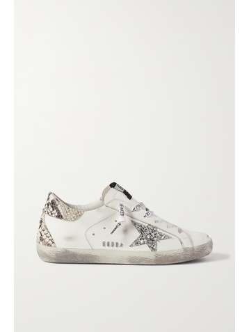 GOLDEN GOOSE Superstar distressed glittered and python-effect leather sneakers