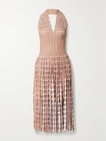 ALAÏA Fringed cutout ribbed stretch-knit halterneck midi dress