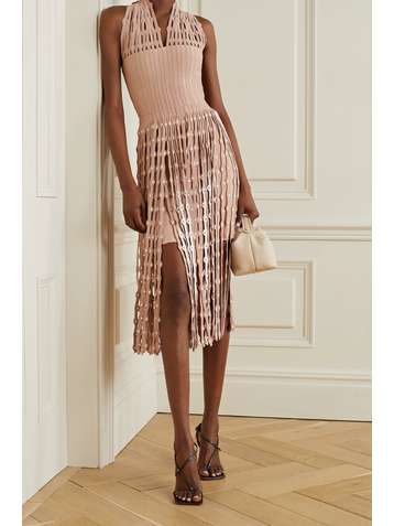 ALAÏA Fringed cutout ribbed stretch-knit halterneck midi dress