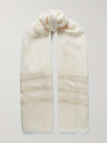LORO PIANA Frayed crystal-embellished metallic cashmere-blend scarf