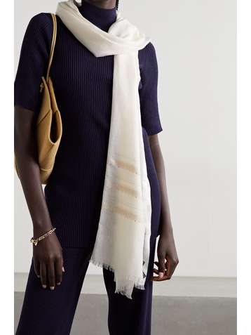 LORO PIANA Frayed crystal-embellished metallic cashmere-blend scarf