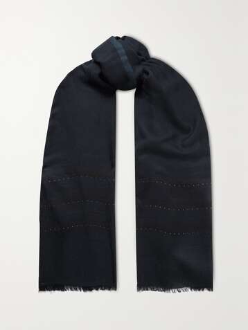 LORO PIANA Frayed crystal-embellished metallic cashmere-blend scarf