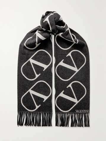 VALENTINO Valentino Garavani fringed intarsia wool and cashmere-blend scarf