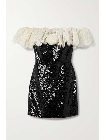 SAINT LAURENT Off-the-shoulder lace-trimmed sequined crepe mini dress