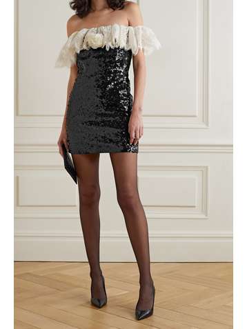 SAINT LAURENT Off-the-shoulder lace-trimmed sequined crepe mini dress