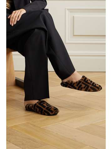 FENDI Leather-trimmed logo-print shearling collapsible-heel slippers