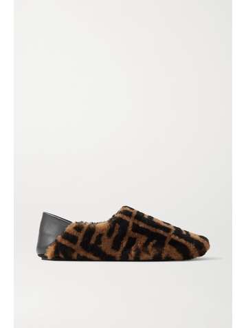 FENDI Leather-trimmed logo-print shearling collapsible-heel slippers