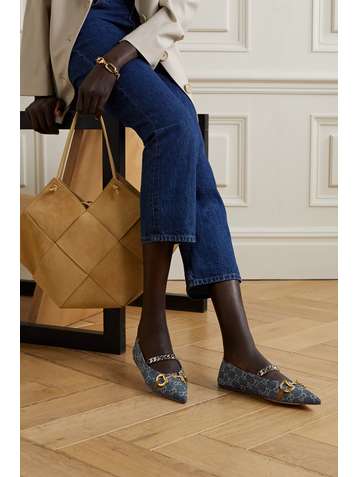 GUCCI + NET SUSTAIN Deva embellished logo-jacquard organic denim collapsible-heel point-toe flats