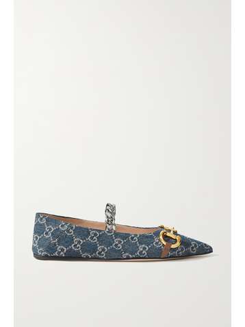 GUCCI + NET SUSTAIN Deva embellished logo-jacquard organic denim collapsible-heel point-toe flats