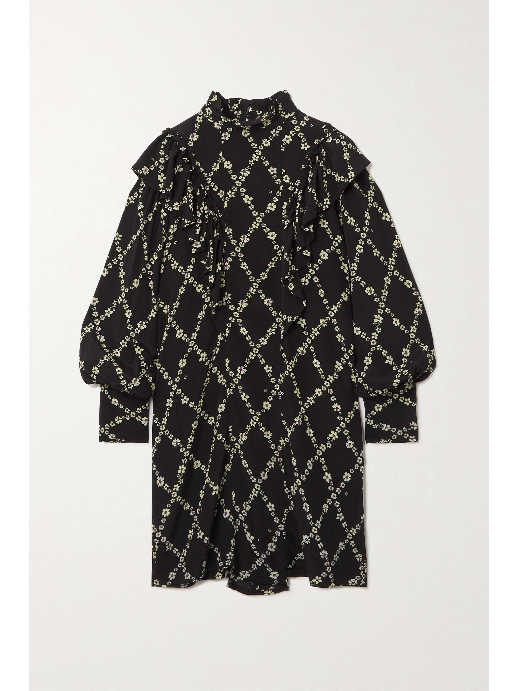 Black Ruffled floral-print crepe mini 