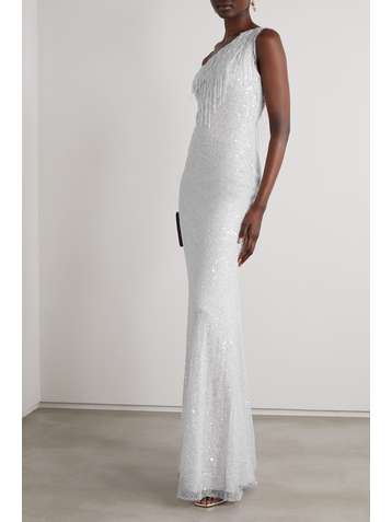 JENNY PACKHAM + James Bond fringed one-shoulder embellished tulle gown