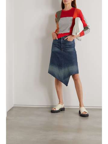 MOTHER + NET SUSTAIN + Carolyn Murphy The Knee Step asymmetrischer Jeansrock in Distressed- und Patchwork-Optik