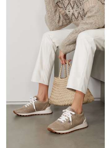 BRUNELLO CUCINELLI Sneakers aus strukturiertem Leder mit Besätzen aus Faux Fur und Zierperlen