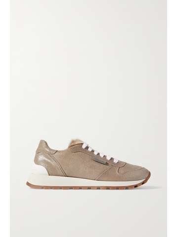 BRUNELLO CUCINELLI Sneakers aus strukturiertem Leder mit Besätzen aus Faux Fur und Zierperlen