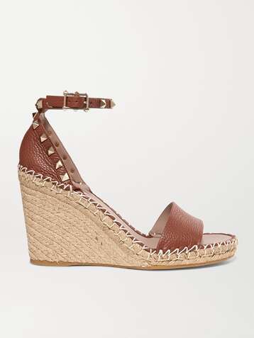 VALENTINO Valentino Garavani Rockstud 105 textured-leather espadrille wedge sandals