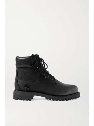 JIMMY CHOO + Timberland embroidered leather-trimmed glittered nubuck ankle boots
